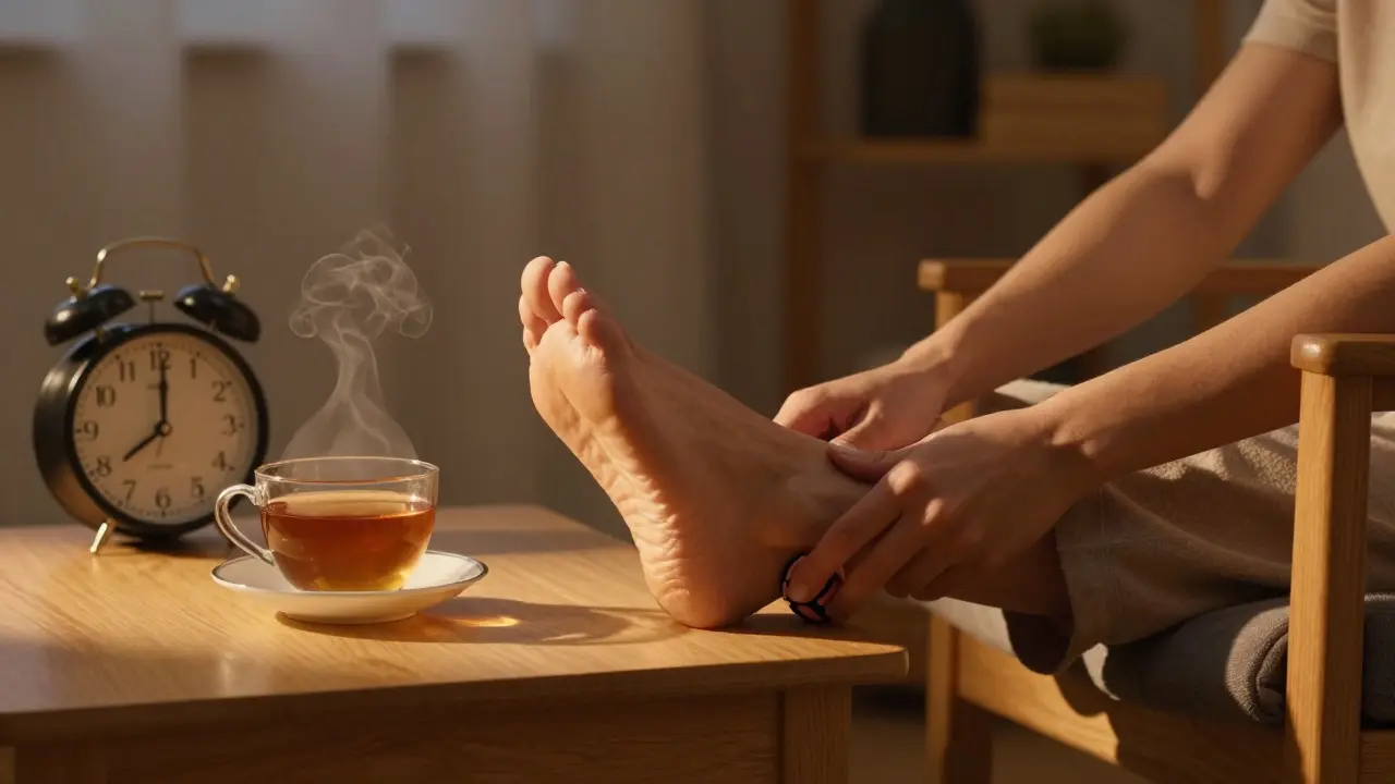 Žena si masíruje nohu kuličkou ve večerní klidné místnosti s lampou a čajem.