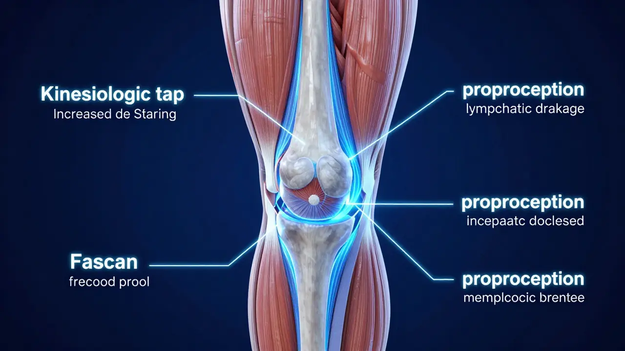 3D ilustrace ukazující vliv tejpování na průtok lymfy a krevní cirkulaci v koleni.