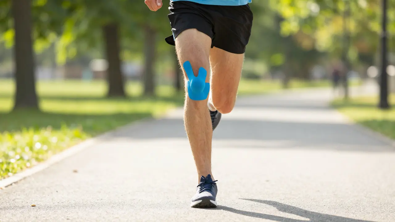 Běžec s modrým tejpem na koleni během ranního tréninku v parku.