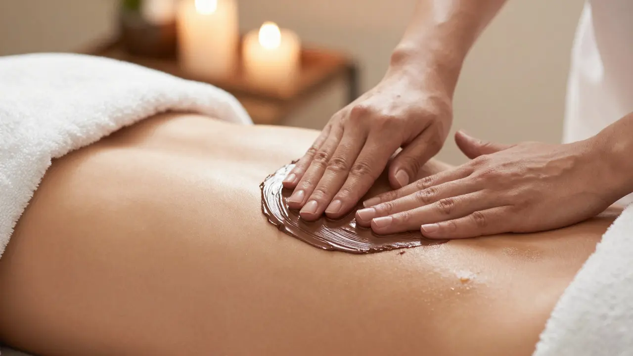 Detail aplikace čokoládového krému na záda během wellness procedury.