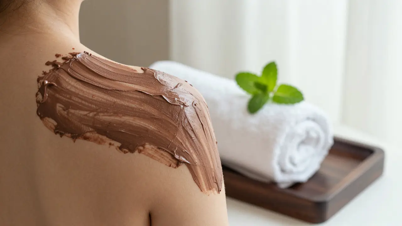 Detail aplikace hydratační čokoládové masky na pokožku v lázních].