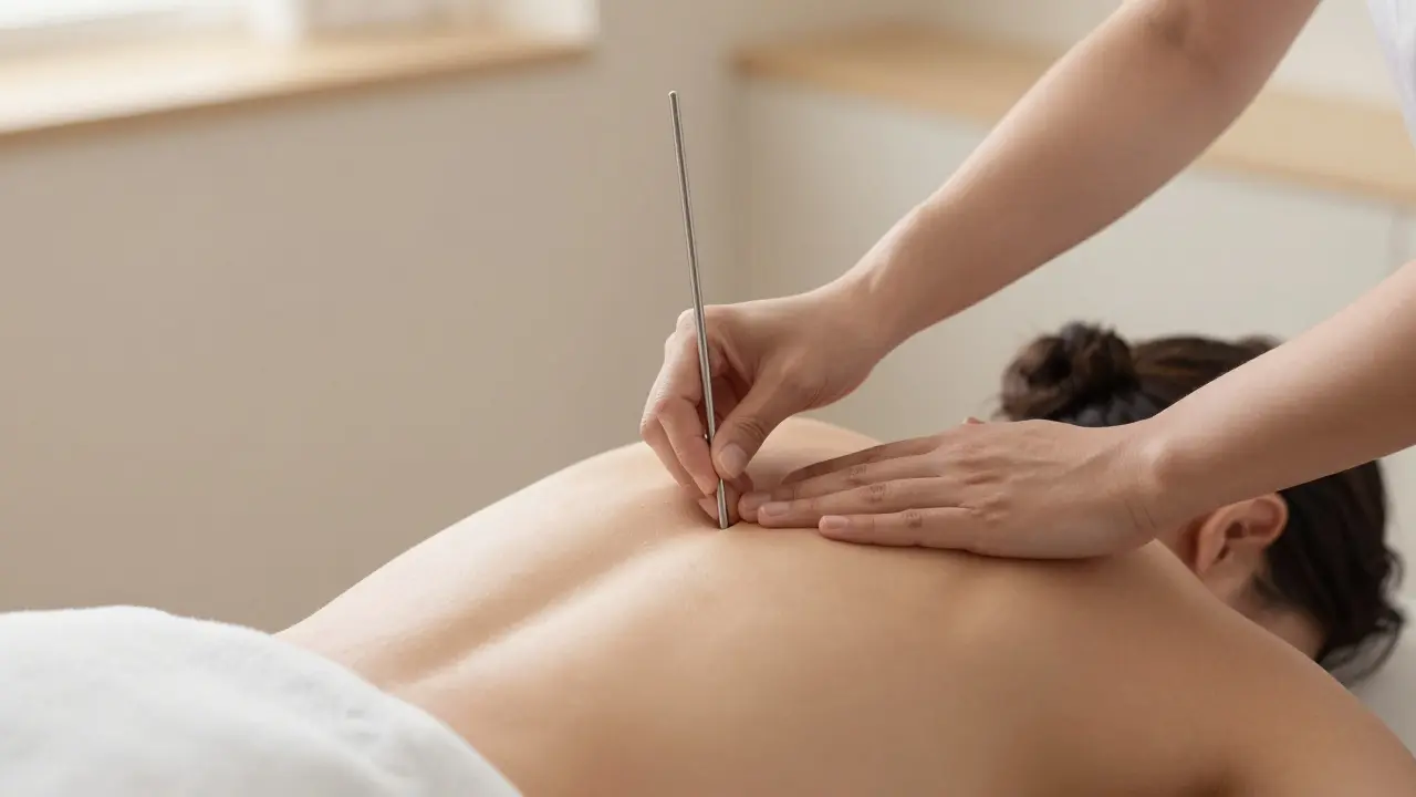 Detail ruky terapeuta používajícího Dornovy tyčky k reflexní masáži páteře.