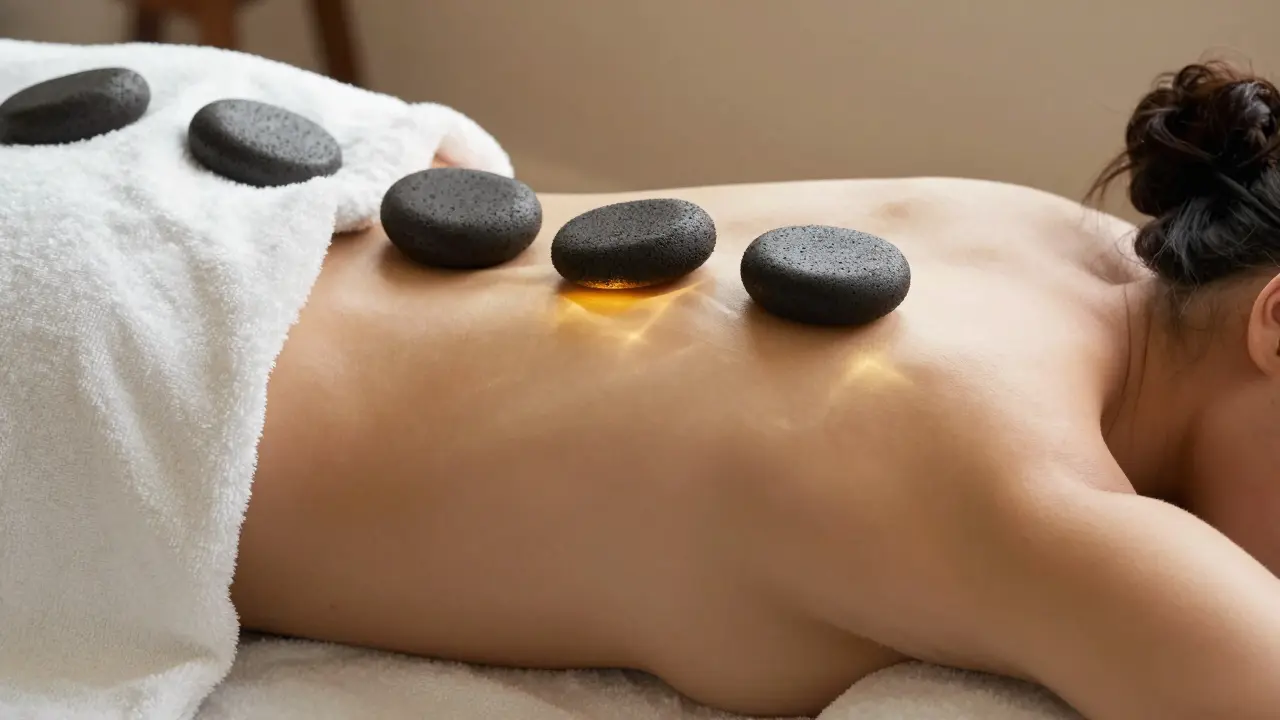 Hřejivé lávové kameny umístěné na zádech relaxující osoby.