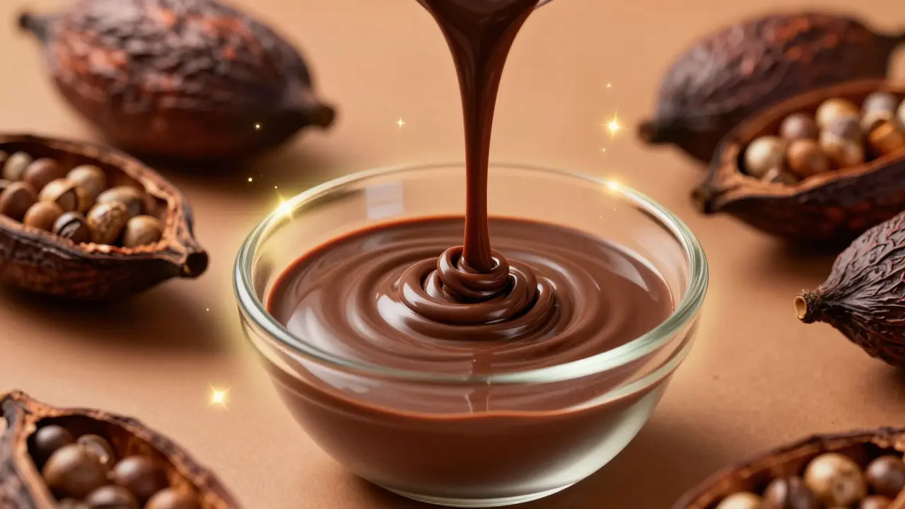 Kapičky husté tekuté čokolády symbolizující uvolnění endorfinů.