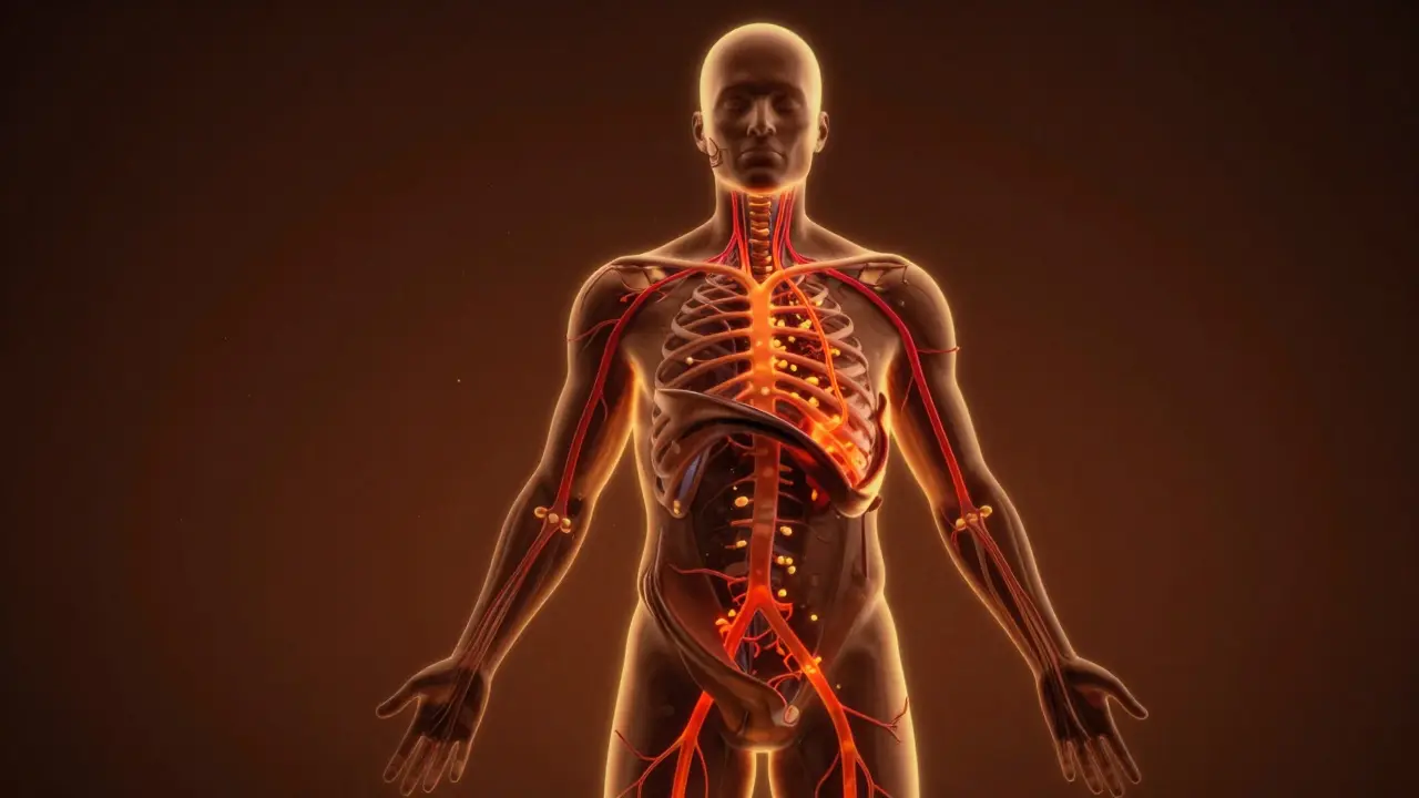 Konceptuální ilustrace prokrvení cév při čokoládové masáži.