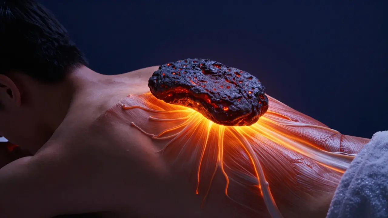 Konceptuální zobrazení pronikání tepla z lávového kamene do svalů.