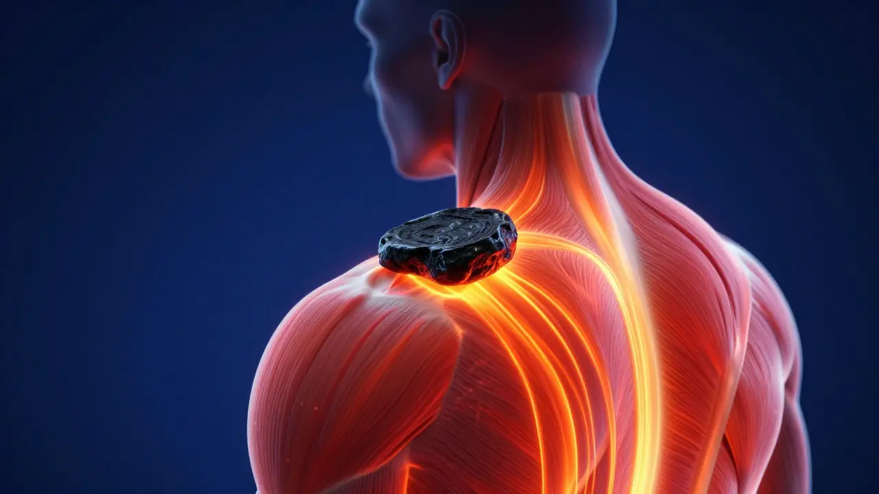 Konceptuální zobrazení pronikání tepla z lávového kamene hluboko do svalů.