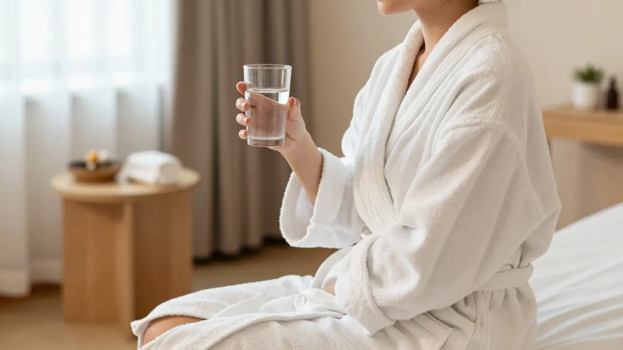 Odpočívající osoba v bílém roucho s glasses vody po masáži.