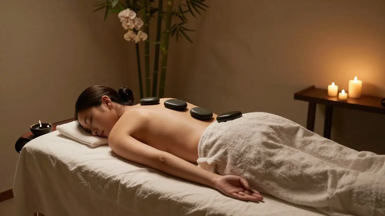 Osoba relaxující při masáži lávovými kameny v klidném spa salonu.