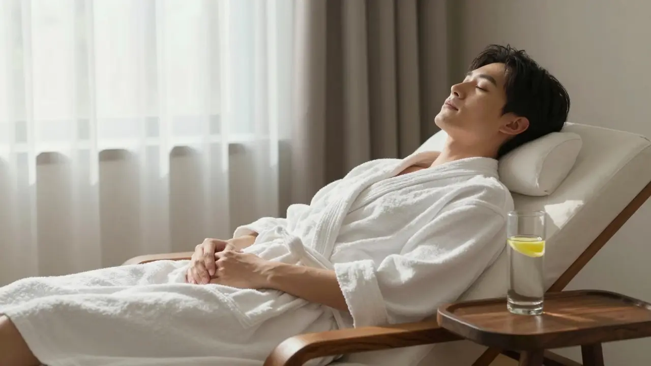 Osvěžená osoba v bílém rouchu s glasses vody po relaxační masáži.