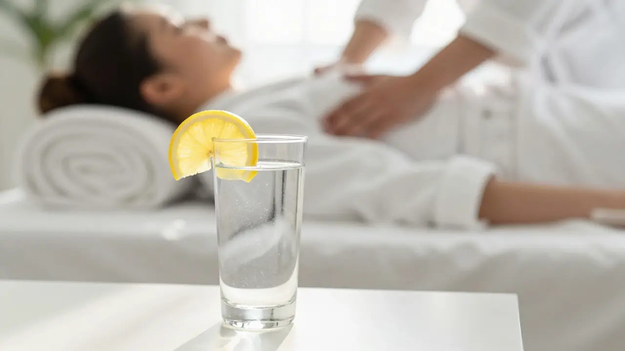 Sklenice vody s citronem v jasné wellness místnosti po masáži.