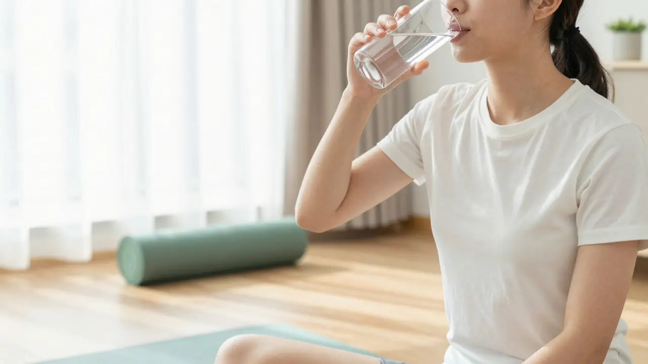 Sportovec pijící vodu během regenerace v brightním, světlém prostředí.