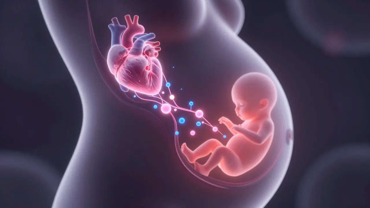 Abstraktní zobrazení hormonů lásky proudících k plodu