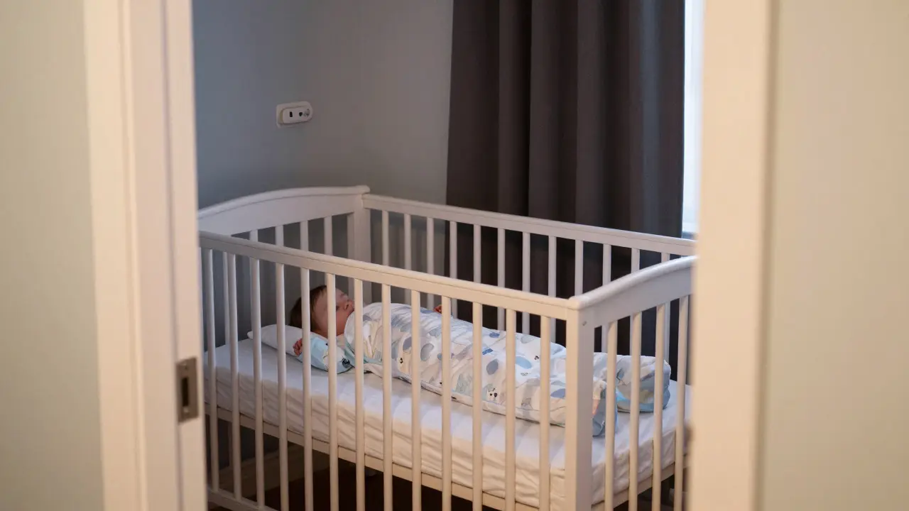 Bezpečná dětská postýlka se spacákem v temné místnosti s roletami.