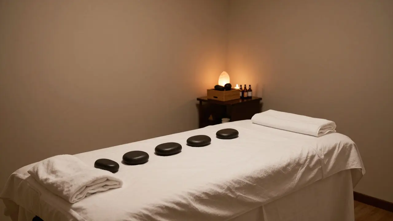 Klidný a tmavý masážní salon připravený na terapii lávovými kameny