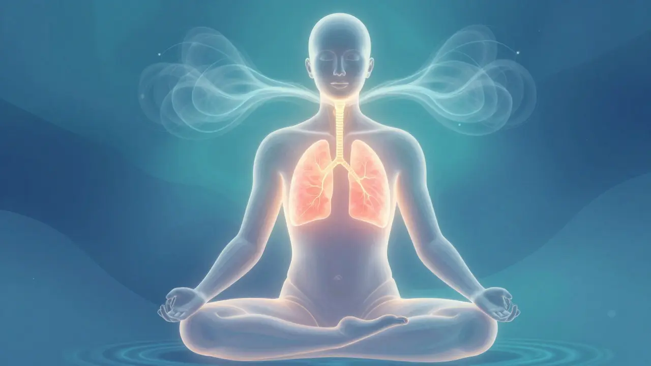 Abstraktní ilustrace dýchání a aktivace nervového systému při meditaci