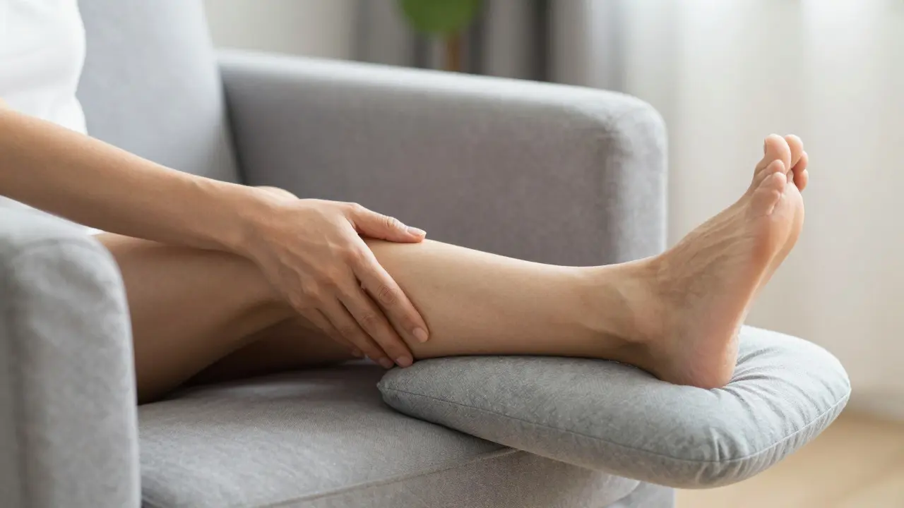 Osoba sedící s nohou zvednutou na polštáři pro odpočinek a prevenci otoků