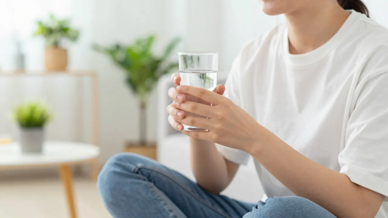 Osvěžená osoba pije vodu po masáži v jasné místnosti