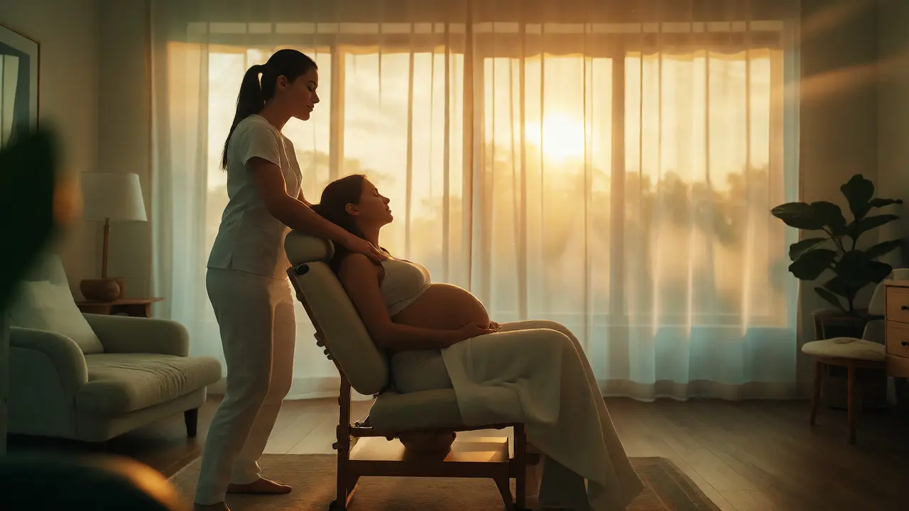 Relaxed pregnant woman receiving neck massage in a sunlit room