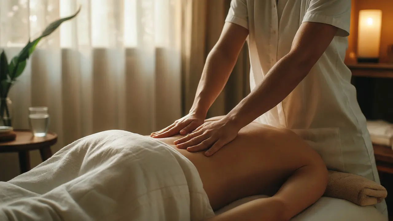 Terapeutická masáž zad v klidném prostředí pro uvolnění