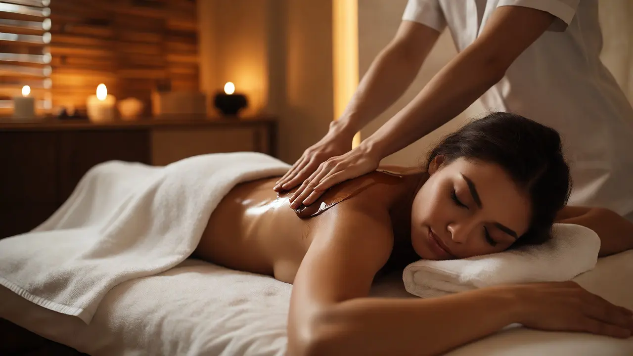 Žena v relaxaci při čokoládové masáži zad ve wellness centru